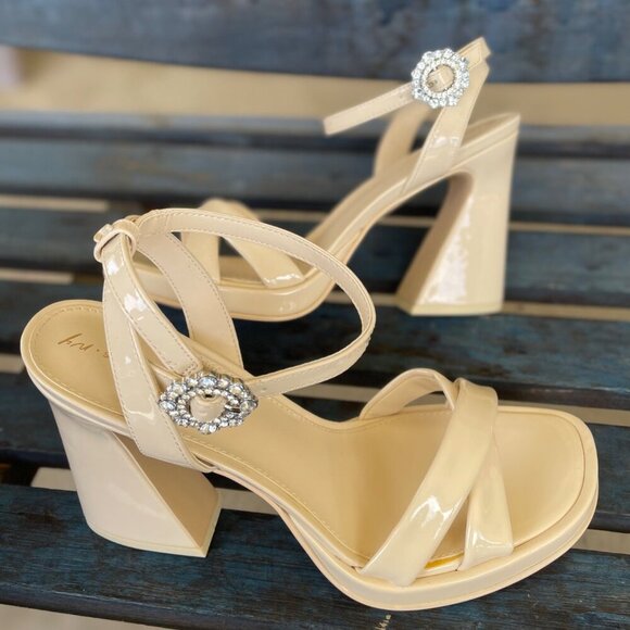 New Sam Edelman Haidyn  Platform Sandal Women 9.5 Cream Rhinestone Buckle Strap - Picture 2 of 9